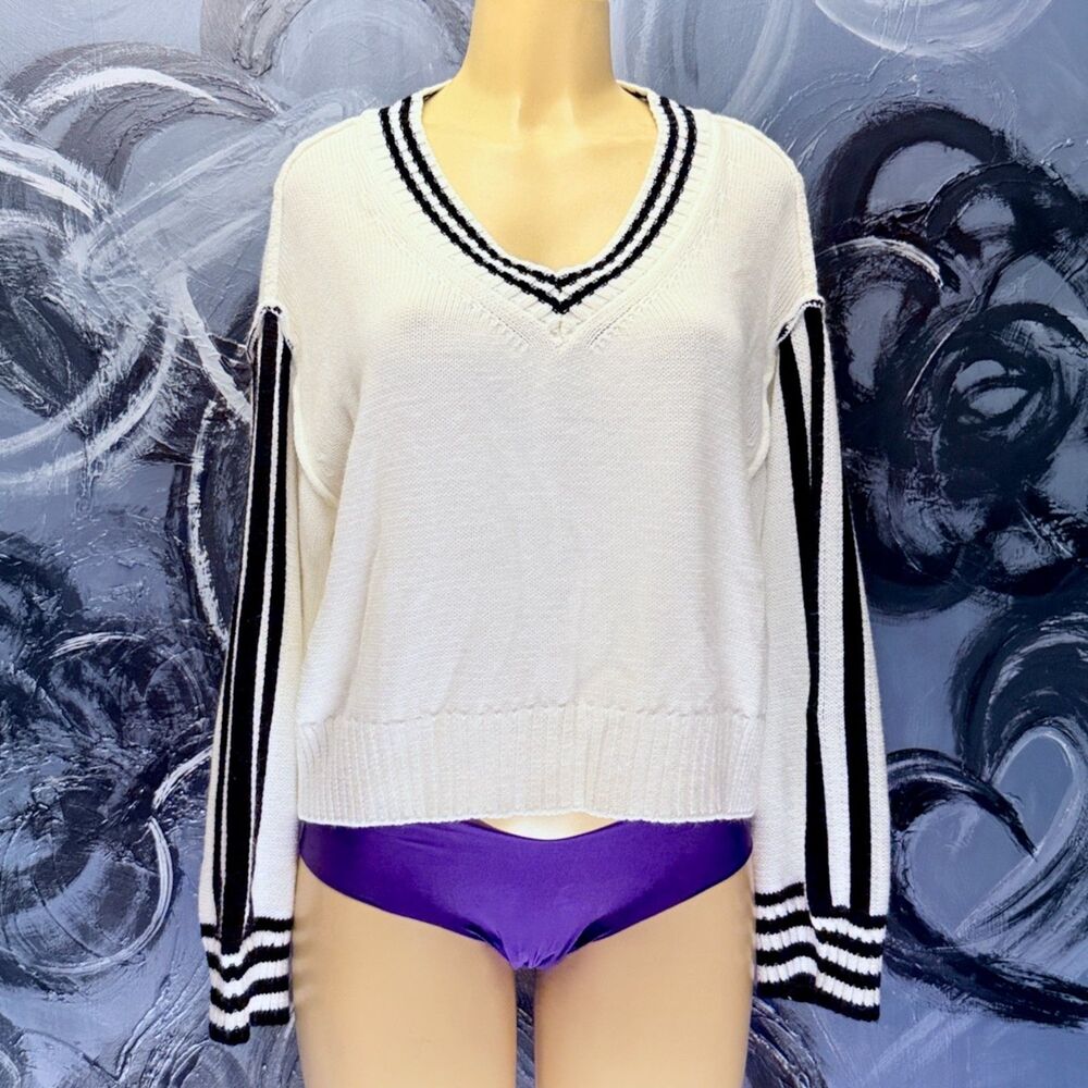 ASOS Varsity Sweater Small White Black Stripe V Neck US 6